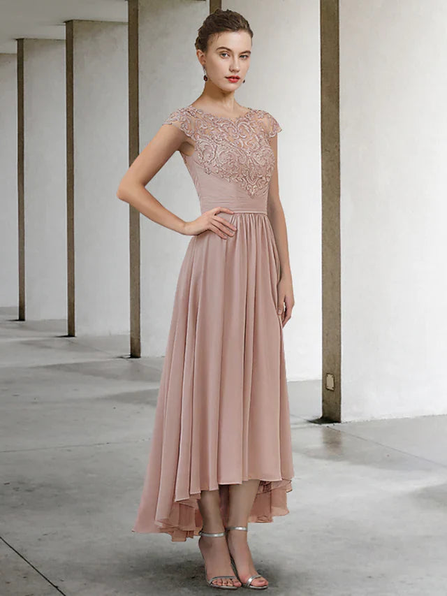 Wholesale A-Line Mother of the Bride Dress Elegant Jewel Neck Asymmetrical Chiffon Lace Half Sleeve with Pleats Appliques